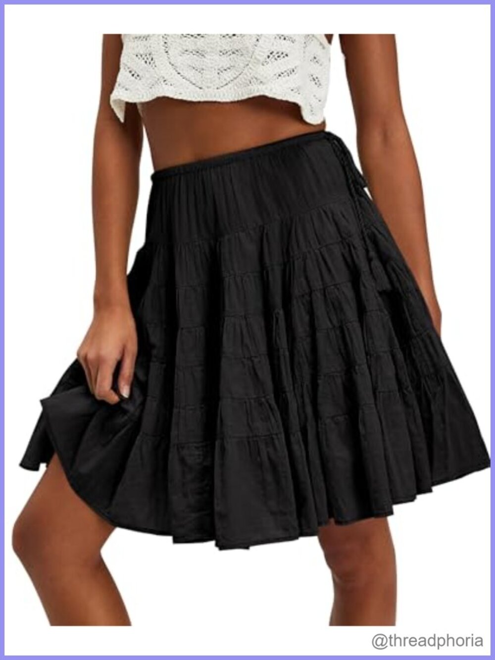 Boho Tiered Pleated Drawstring Waist Knee Length Flowy Midi Short Skirt